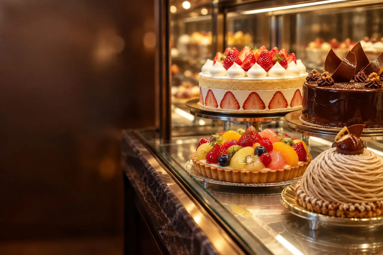 いちごのケーキやタルトが並ぶケーキ屋さんのショーケース