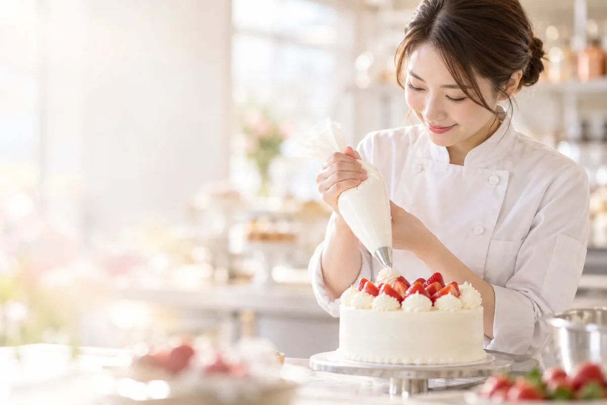 ケーキを仕上げるパティシエ